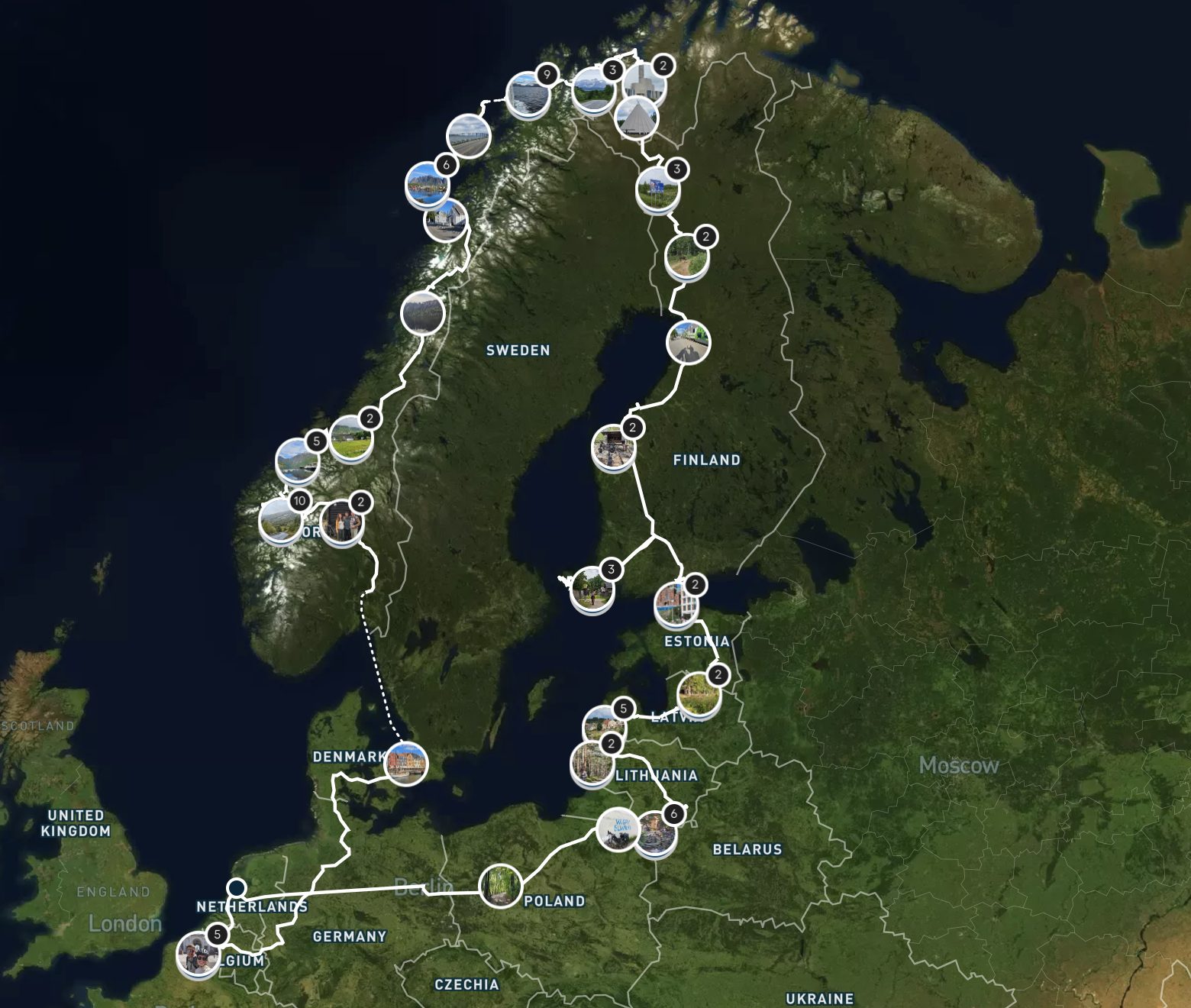 The full route plotted on Polarsteps, from Belgium up through Norway and down to Poland